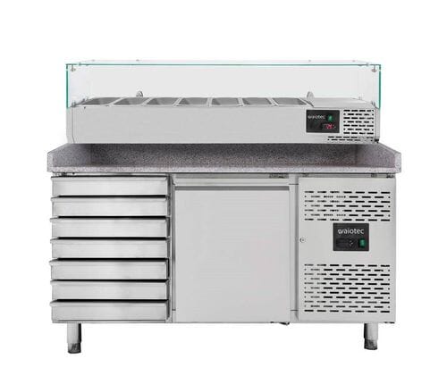 Mesa refrigerada para pizza, 1 puerta, 7 cajones masa, 390 L, 800 mm, vitrina GN 1/4, Vaiotec 11257
