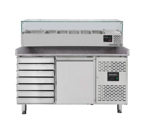 Mesa refrigerada para pizza, 1 puerta, 7 cajones masa, 390 L, 800 mm, vitrina GN 1/3, Vaiotec 11258