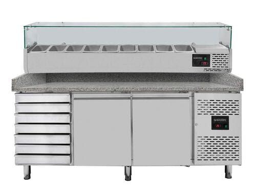 Mesa refrigerada para pizza, 2 puertas, 7 cajones masa, 580 L, 800 mm, vitrina GN 1/3, Vaiotec 11262