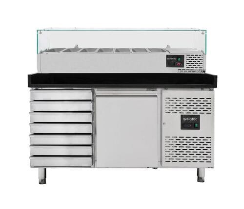 Mesa refrigerada para pizza, 1 puerta, 7 cajones masa, 390 L, 800 mm, vitrina GN 1/4, Vaiotec 11265