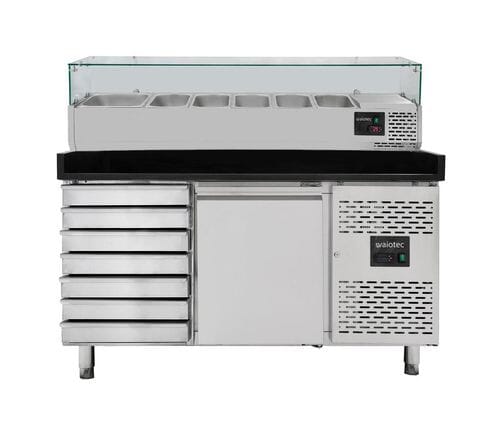 Mesa refrigerada para pizza, 1 puerta, 7 cajones masa, 390 L, 800 mm, vitrina GN 1/3, Vaiotec 11266